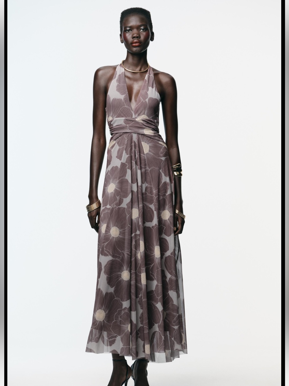 Zara Printed Cut-Out Tulle Maxi Dress in Taupe Gray NWOT